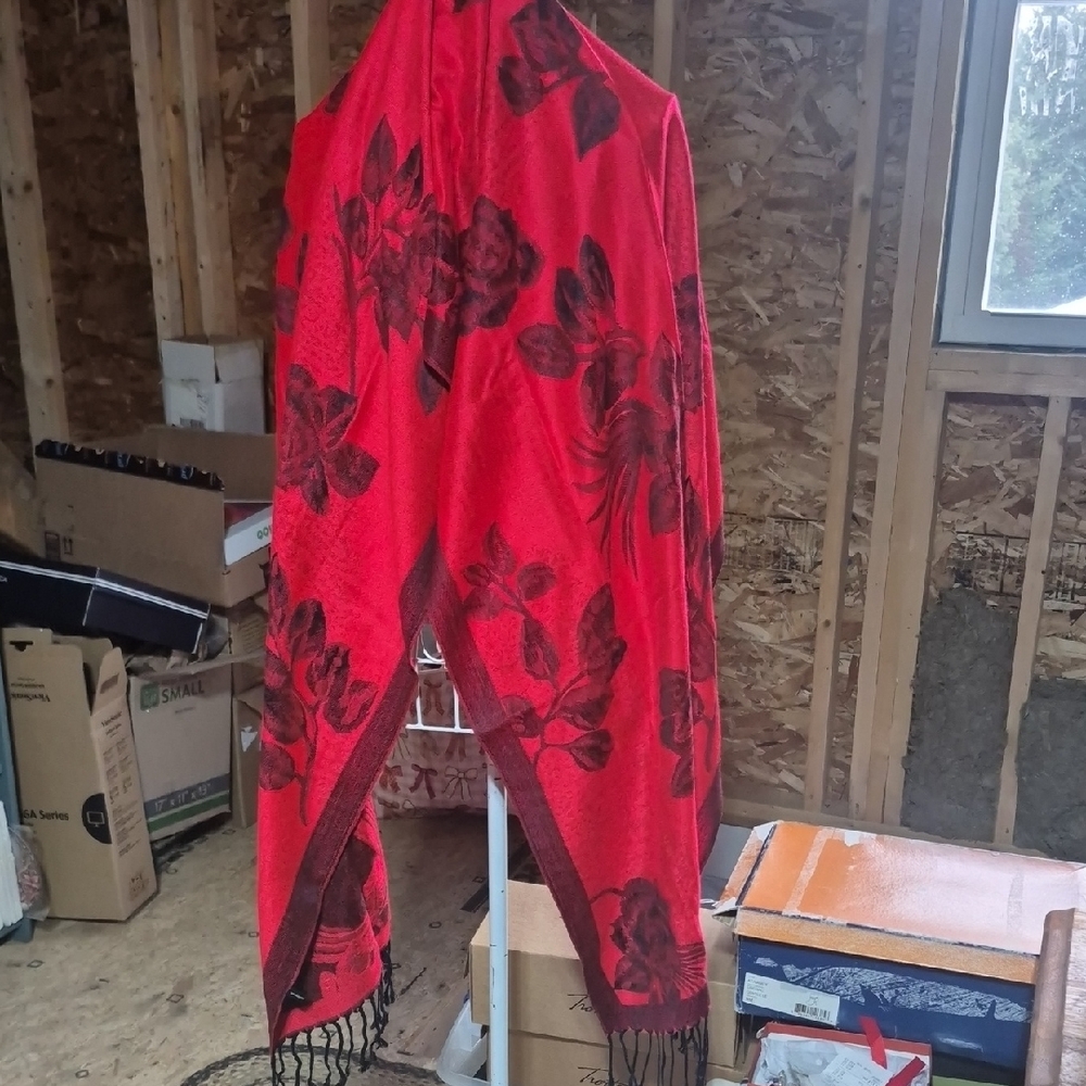 Red Floral Shawl with Fringe